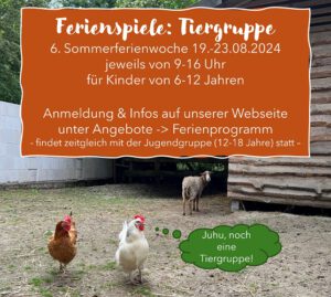 Read more about the article Ferienspiele in der 6. Sommerferienwoche: Tiergruppe für Kinder (6-12 Jahre)
