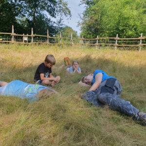 Ferienspielkinder chillen auf einer Wiese