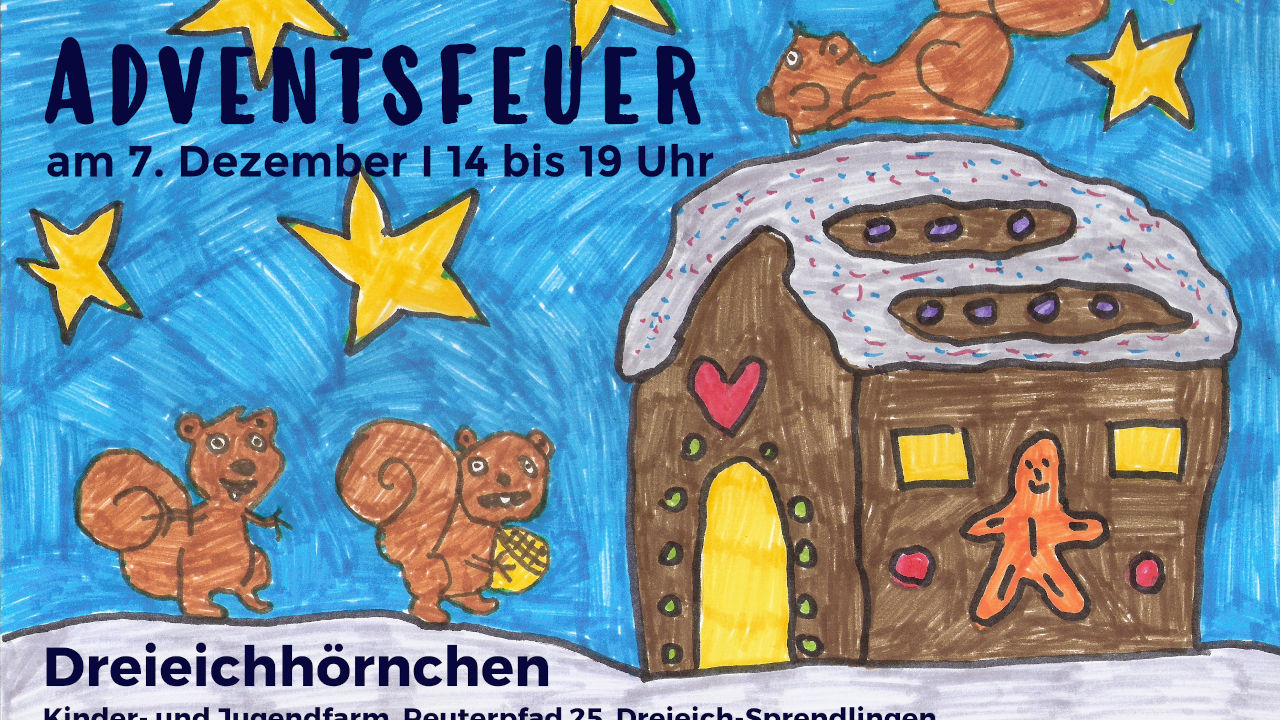 gemaltes Plakat für das Adventsfeuer zeigt Haus mit drei Eichhörnchen